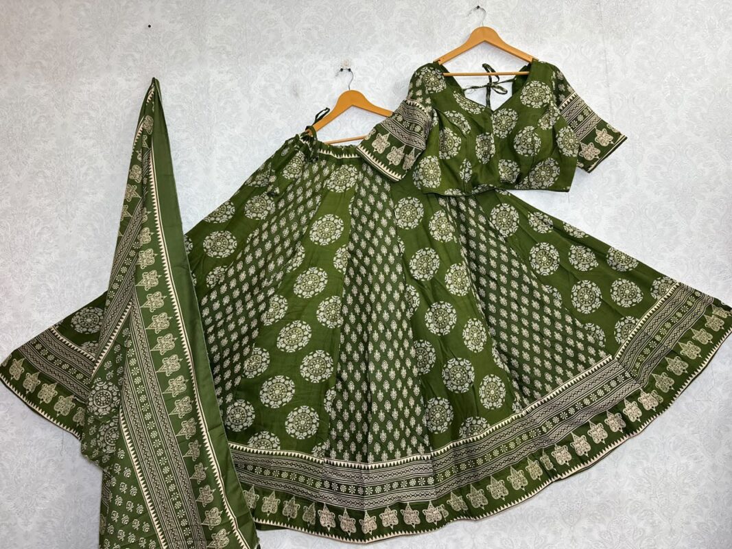 Ajrakh Cotton Lehenga Choli Set Green1 Green1