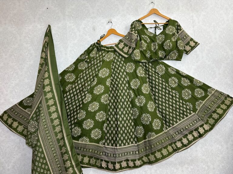Ajrakh Cotton Lehenga Choli Set Green1 Green1