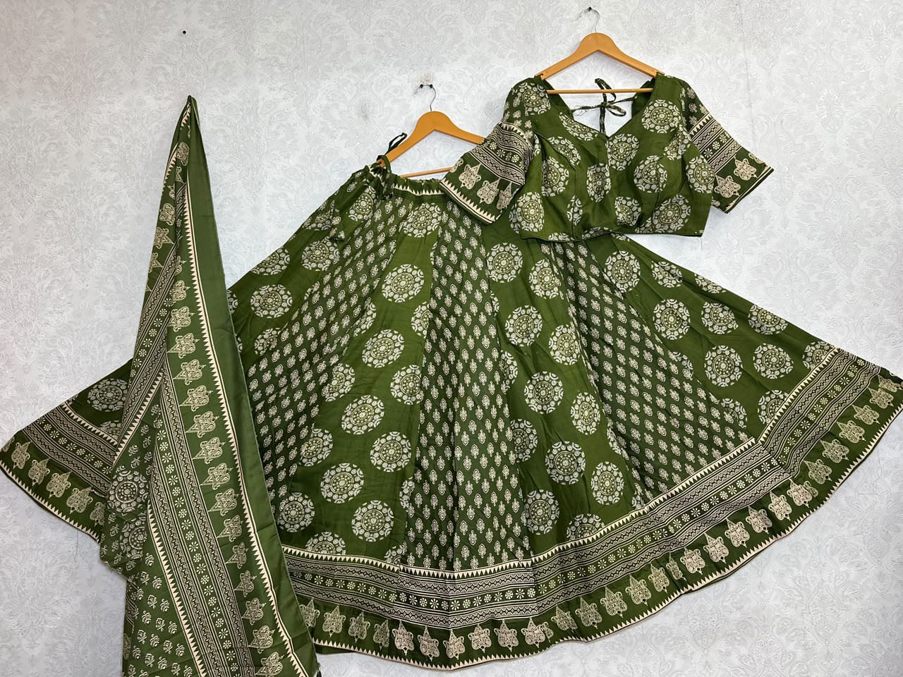 Ajrakh Cotton Lehenga Choli Set Green1 Green1
