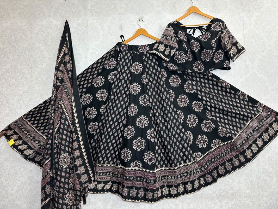Ajrakh Cotton Lehenga Choli Set Green Green
