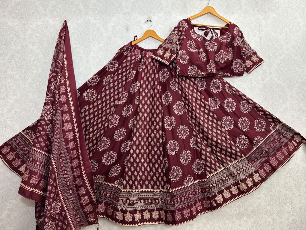 Ajrakh Cotton Lehenga Choli Set Maroon