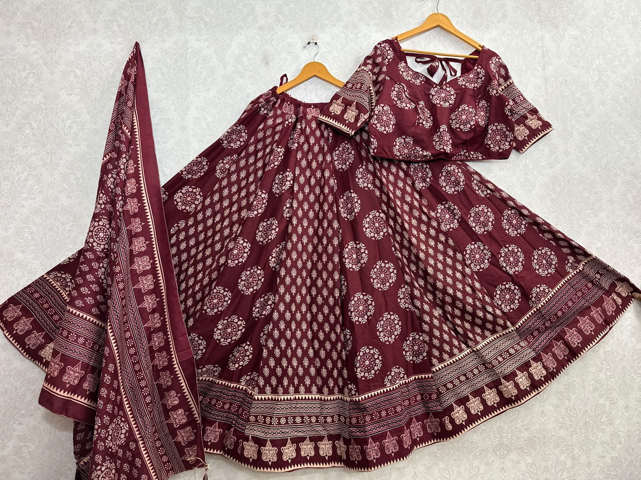 Ajrakh Cotton Lehenga Choli Set Maroon