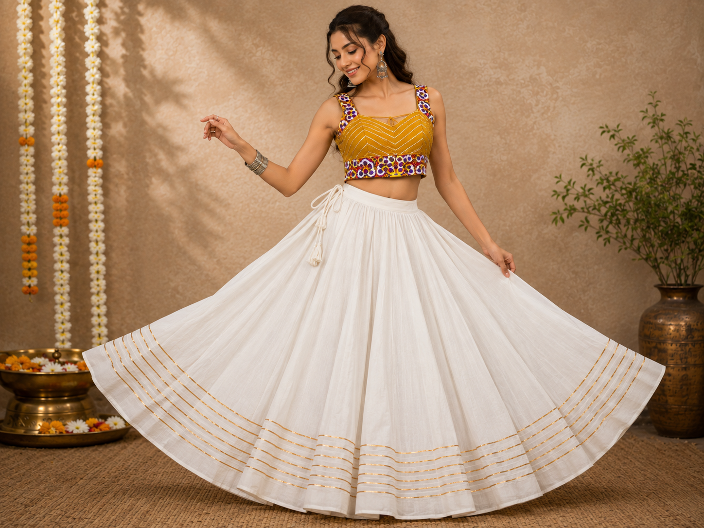 Rayon Lehenga Choli Set White and Yellow White and Yellow - Image 1